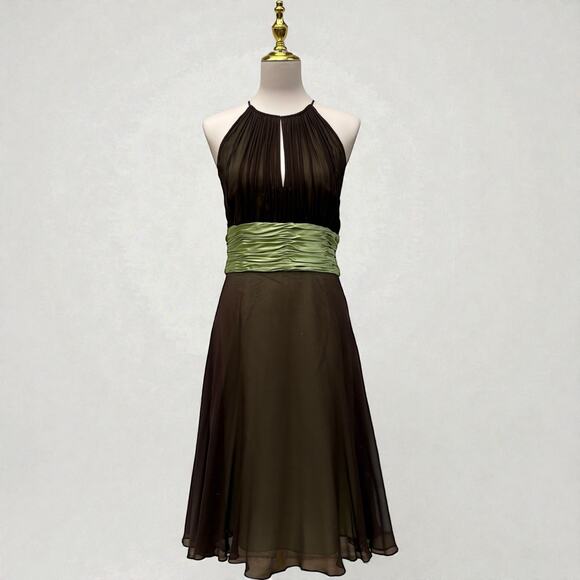 Maggie london Dresses & Skirts - VTG Y2K Maggie London Dress Sz 14 Brown Halter Midi Silk A Line Bella Swan Bows